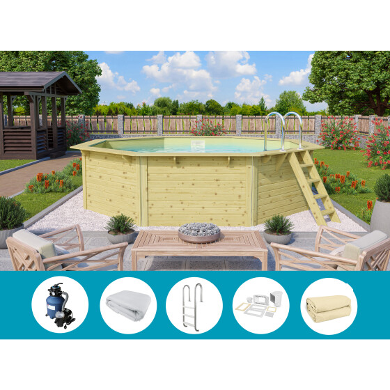 poolsale Holzpool SET Achteck | mit Metallecken | sand | 470 x 470 x 124 cm | ca. 16,3 m³ Beckenvolumen