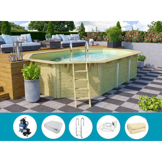 poolsale Holzpool SET Achteck Langform | sand | mit Metallecken | 610 x 400 x 124 cm | ca. 19,1 m³ Beckenvolumen