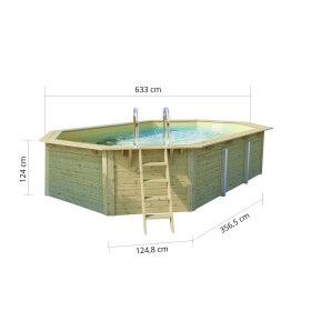 poolsale Holzpool SET Achteck Langform | sand | mit Metallecken | 610 x 400 x 124 cm | ca. 19,1 m³ Beckenvolumen