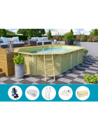 poolsale Holzpool SET Achteck Langform | sand | mit Metallecken | 610 x 400 x 124 cm | ca. 19,1 m³ Beckenvolumen